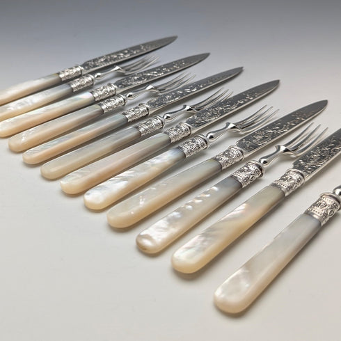 1900 British antique pure silver blades, mother of pearl handles, dessert cutlery set of 6, Atkin Brothers